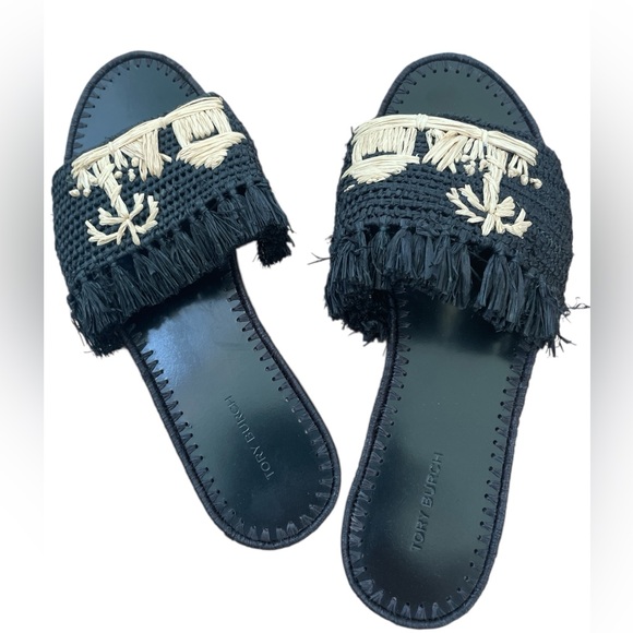 Tory Burch Eleanor Raffia Tropical Black and Cream Woven Slides Size 8 - Picture 4 of 6